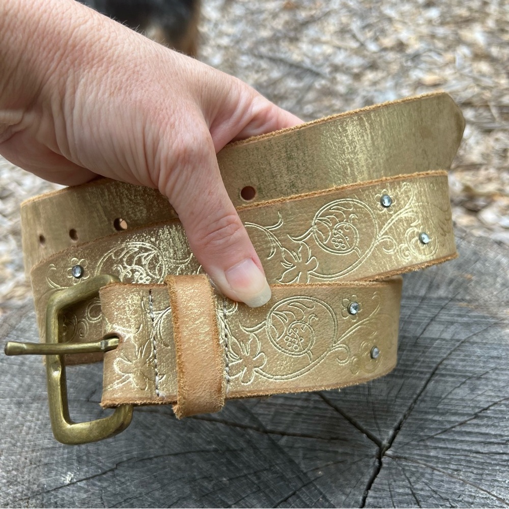 Express Genuine Leather Gold Toned Tan Belt Y2K